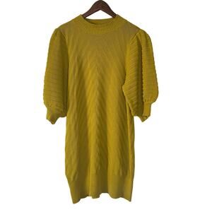 Happy x Nature Sweater Dress Womens XL Mustard Open Knit Puff Sleeve Office